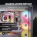 The image shows a white PC build with multiple Corsair iCUE LINK LX120-R RGB fans. The fans exhibit vibrant, customizable lighting effects.