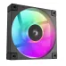 Angled view of one black DeepCool FD12 ARGB 3 IN 1 fan with illuminated blades in rainbow colors.