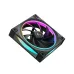 Angled, top-down view of the DeepCool FL12 fan, highlighting the black blades and colorful RGB frame lighting.