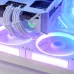 Close-up of a white PC build showing the DeepCool FL12 WH RGB fans glowing with purple light beneath a white GPU.