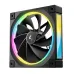 Angled view of the black DeepCool FL12R fan with nine blades and a bright, multi-colored RGB light ring on the frame.