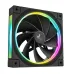 Angled view of the black DeepCool FL12R fan with nine blades and a bright, multi-colored RGB light ring on the frame.