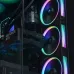 Close-up of three DeepCool FL12R fans in a PC case, glowing with multi-color RGB rings next to a GEFORCE RTX GPU.
