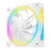 Angled view of the white DeepCool FL12R fan with nine blades and a bright multi-color RGB light ring on the frame.