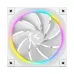 Front view of the white Front view of the white DeepCool FL12R fan with nine blades and a bright multi-color RGB light ring on the frame.