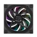Back view of the black DeepCool FL12R fan with nine blades and a bright multi-color RGB light ring on the frame.