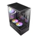 Angled view of the Antec VCX300 ARGB mid-tower case, showcasing its tempered glass panels and three illuminated RGB fans.