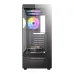 Front view of the Antec VCX300 ARGB mid-tower case, showing three vertical RGB fans and a full tempered glass side panel.