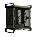 Warthog RS gaming PC case in green, showing open interior and rear cooling fan layout