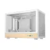 Front angled view of DeepCool CH260 WOOD WH Casing with tempered glass panel, mesh ventilation, and wood-textured finish.