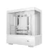 A white Deepcool CH690 DIGITAL WH gaming casing with a minimalist design, featuring a transparent front and side panel, and an integrated digital display at the base.
