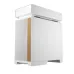 White gaming PC case with wood accent front panel and modern minimalist design