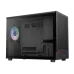 Three-quarter view of the black Gamdias ATHENA M4M Micro-ATX case, showing a tempered glass panel and an illuminated RGB fan.