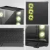 Multi-angle view of MSI MAG PANO 130R PZ Casing showing mesh front, tempered glass side, and yellow-green RGB fans.