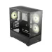 Side view of MSI MAG PANO M110R Casing with tempered glass panels and three cooling fans glowing soft yellow light.