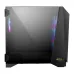 Side view of the MSI MEG PROSPECT 700R Casing, highlighting the transparent tempered glass panel and internal RGB components visible from the angle.