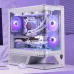 Lifestyle view of MSI MPG VIXTA 300R PZ W Casing in gaming setup with RTX GPU, liquid cooling, and RGB lighting.