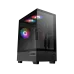 Angled view of the black MSI PAG PANO M110A PC case with tempered glass and RGB fans.
