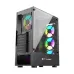 Rear-side view of the T-wolf Platina ARGB PC case, showing the back slots and a glowing ARGB fan through the front glass.
