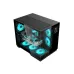 High‑performance gaming tower with tempered glass, blue LED fans, large GPU, and front system display