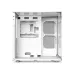 White PC case interior with tempered glass, ventilation panels, PSU mount, and cable management layout