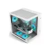 Compact white PC case with tempered glass, blue LED fans, GPU, and top ventilation