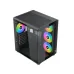 Angled view of the black Xigmatek Aqua Compact Air PC case with tempered glass and three RGB fans.