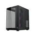 Angled side view of the black Xigmatek Aqua Compact Air PC case with tempered glass and vertical RGB lights.
