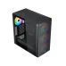 Angled view of the black Xigmatek Osiris PC case with tempered glass and four visible RGB fans.