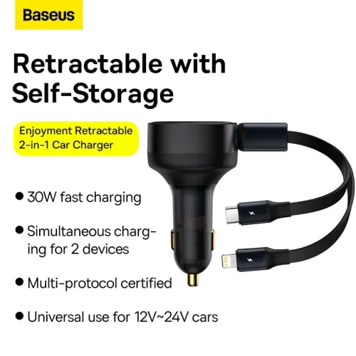 Baseus Enjoyment Retractable dual Output Type-C & Lightning 30W Car Charger