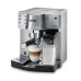 Front view of DeLonghi EC 860.M Coffee Machine brewing cappuccino with portafilter, milk frother, and cup warmer.