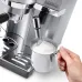 Front view of DeLonghi EC 860.M Coffee Machine frothing milk in pitcher with steam wand labeled automatic cappuccino.