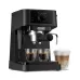 Front view of DeLonghi EC230 Stilosa Coffee Machine brewing two espressos with layered cappuccino beside machine.