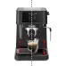 Front view of DeLonghi EC230 Stilosa Coffee Machine brewing espresso into glass cup with adjustable clearance.