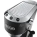 Front view of DeLonghi EC685 Dedica Style Coffee Maker with chrome buttons, steam wand, and E.S.E. pod compatibility.