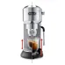 Front view of DeLonghi EC885.M Dedica Arte Coffee Machine dispensing espresso with adjustable cup clearance feature.