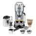 Lifestyle view of DeLonghi EC885.M Dedica Arte Coffee Machine with accessories including tamper, portafilter, and frothing pitcher.
