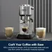 Countertop view of DeLonghi EC885.M Dedica Arte Coffee Machine with espresso, cappuccino, and latte in glass cups.