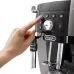 Close-up of DeLonghi ECAM250 Magnifica S Smart Coffee Machine control panel with hand pressing espresso button.