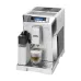 Front view of Delonghi ECAM45-760-W Eletta Coffee Machine brewing layered cappuccino with milk frothing container attached.