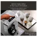 Lifestyle view of Delonghi ECAM45-760-W Eletta Coffee Machine with touch sensor display brewing coffee beside four cups.