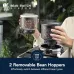 Front view of DeLonghi EXAM440.55 Rivelia Coffee Machine with two removable bean hoppers for easy bean switching.