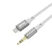 Close-up of BWOO BO-AUX073 1M Lightning to 3.5mm Audio Converter showing connector ends with metal housing and cable detail