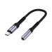 Close-up of the BWOO BZ-47 USB-C to 3.5mm audio adapter with a short, braided black cable and gray metal connectors.