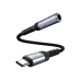 The BWOO BZ-47 USB-C to 3.5mm audio adapter in an S-shape, showcasing its braided cable and sleek metal connectors.