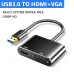 Product close-up of Dtech DT-2906 Converter highlighting USB 3.0 to HDMI+VGA ports with 1080P HD and driver-free support.