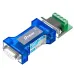 Angled view of Dtech DT-9004 Serial Converter showing blue casing, DB9 connector, and RS485 terminal block for bidirectional data.