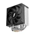 A dynamic render of the CY12 black CPU cooler, showing its large black fan, black and silver fins, and shiny bent heat pipes.