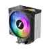 A render of the black CY12L CPU cooler, with a large, vibrant rainbow RGB fan and black heat fins.