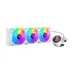 TS4 360 WH AIO CPU cooler with white radiator and three RGB fans, featuring an LCD pump head for temp monitoring.